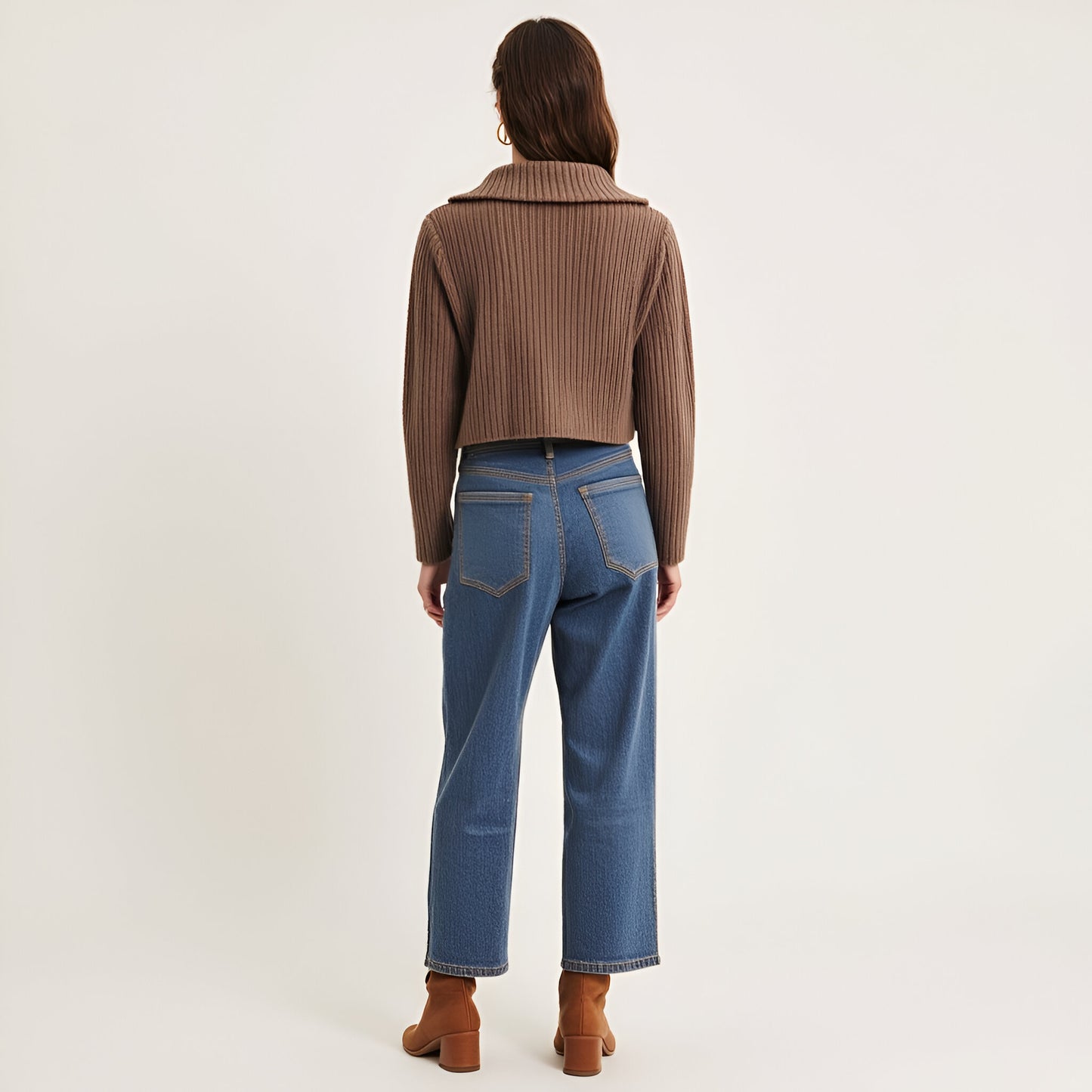 Ribbed Knit Cardigan with Oversized Collar and Cream Tie Front Detail