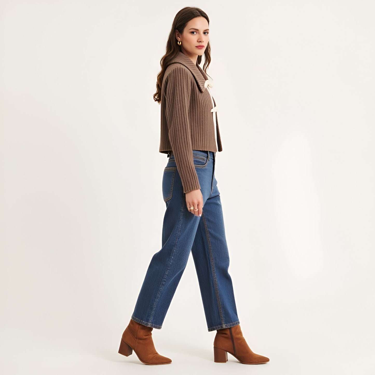 Ribbed Knit Cardigan with Oversized Collar and Cream Tie Front Detail