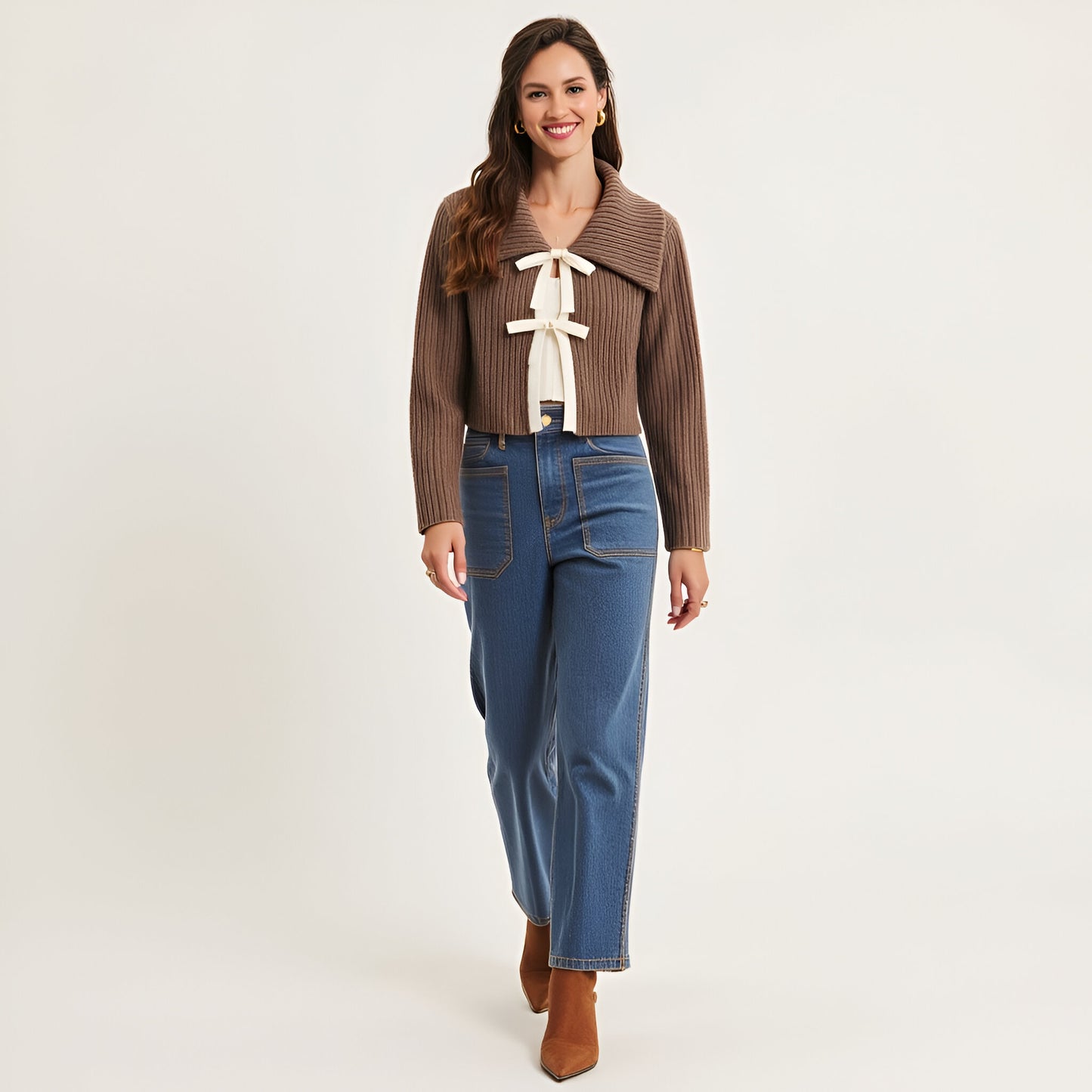 Ribbed Knit Cardigan with Oversized Collar and Cream Tie Front Detail