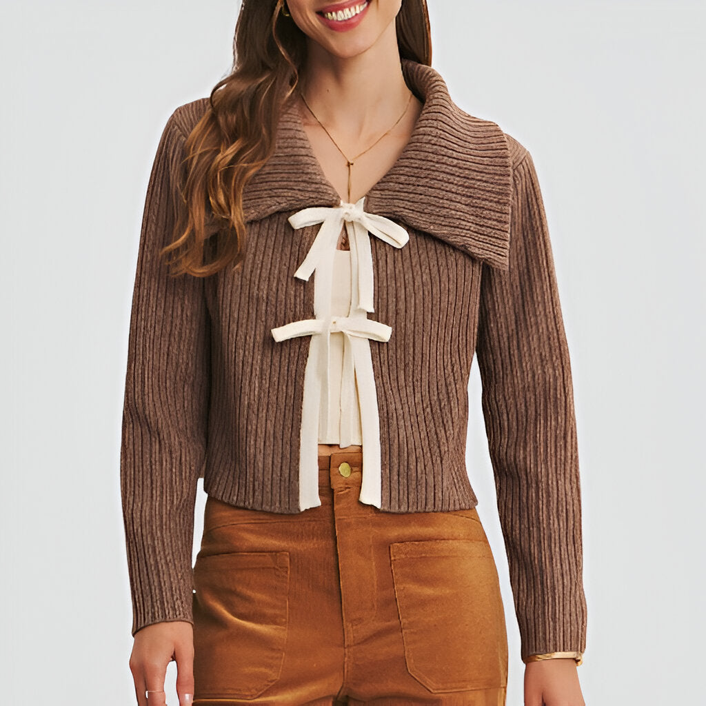 Ribbed Knit Cardigan with Oversized Collar and Cream Tie Front Detail