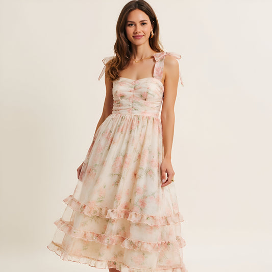 Floral Tiered Midi Dress with Ruched Bodice and Tie Shoulder Straps