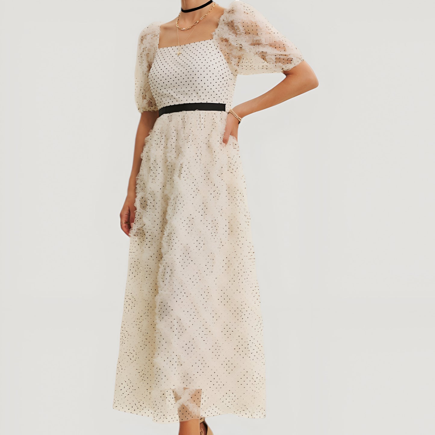 Embroidered Puff Sleeve Midi Dress with Square Neckline