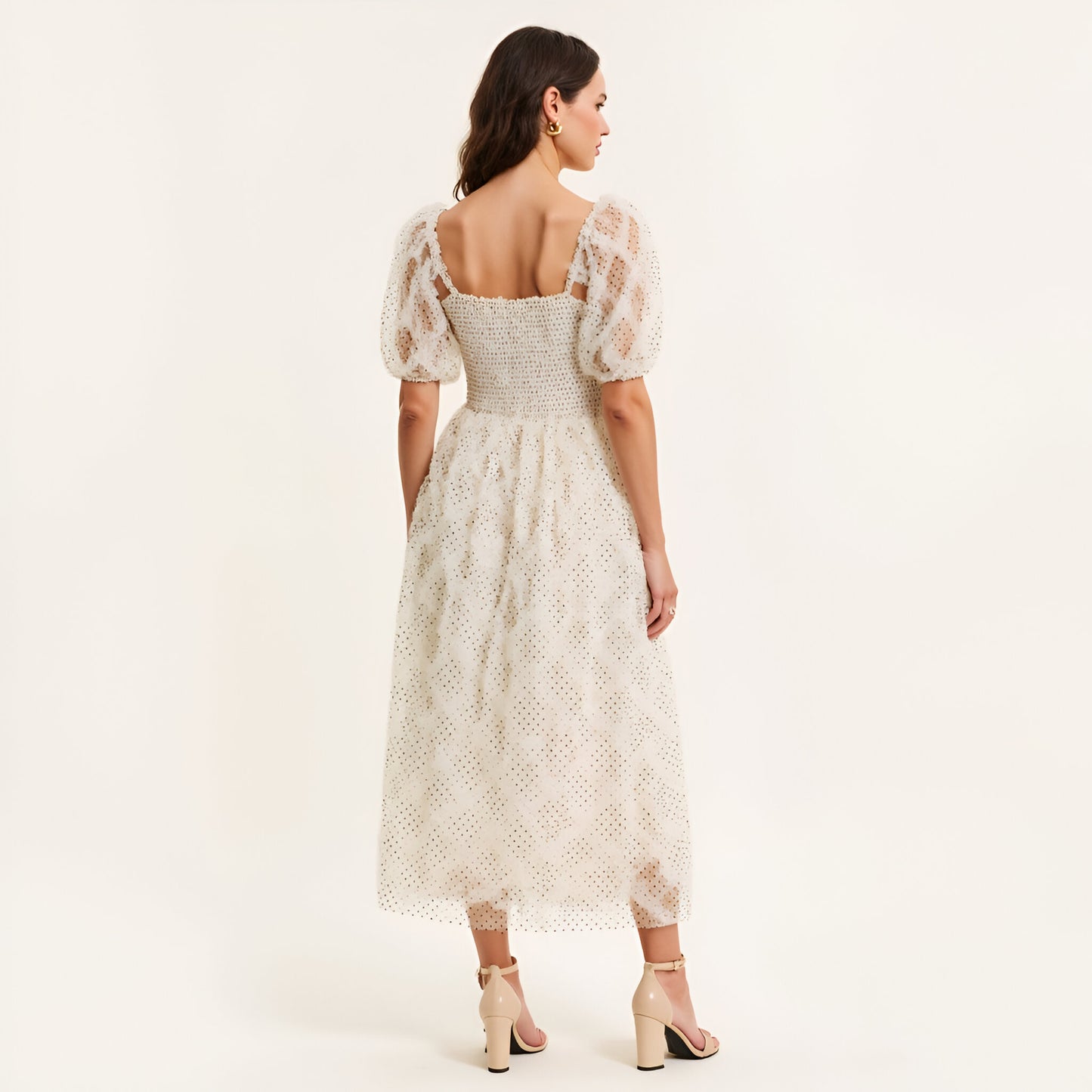 Embroidered Puff Sleeve Midi Dress with Square Neckline