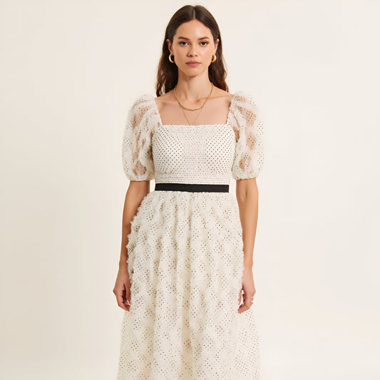 Embroidered Puff Sleeve Midi Dress with Square Neckline