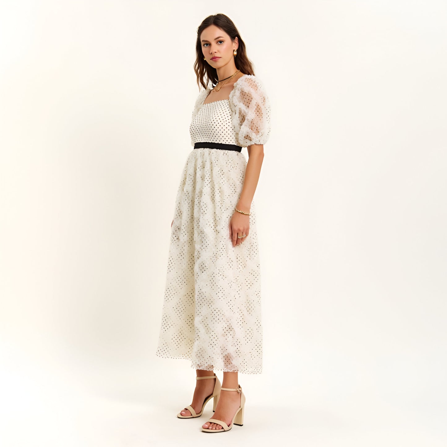 Embroidered Puff Sleeve Midi Dress with Square Neckline