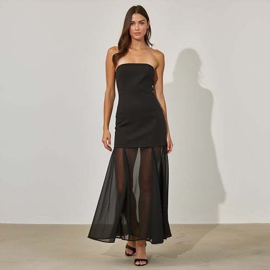 Strapless Bodycon Dress with Sheer Flared Hem and Side Slit Detail