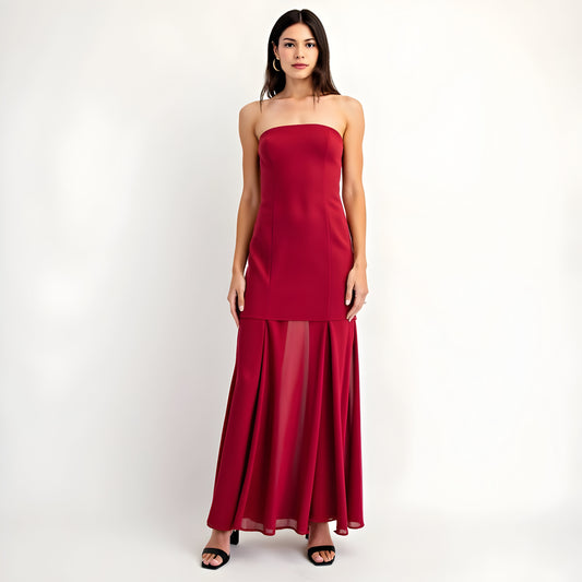 Strapless Evening Gown with Sheer Panel Skirt and Fitted Bodice