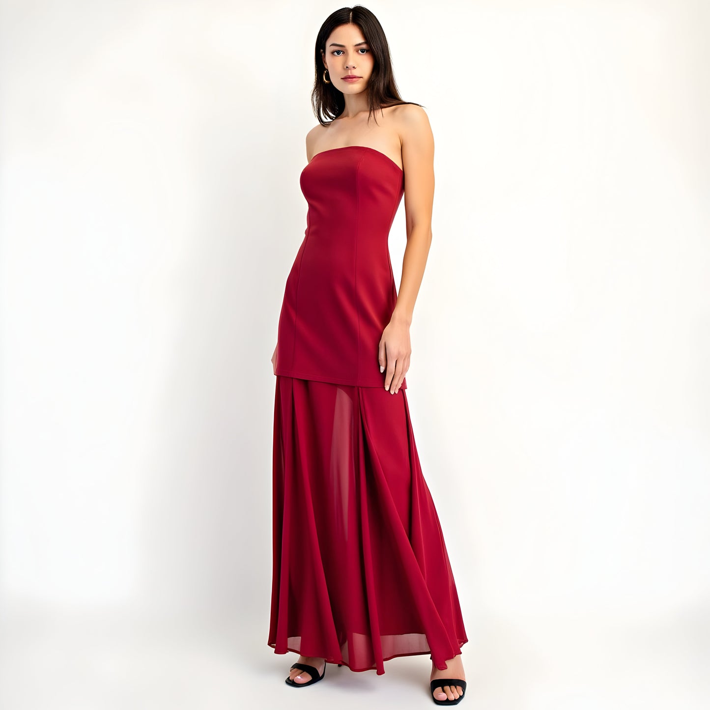 Strapless Evening Gown with Sheer Panel Skirt and Fitted Bodice