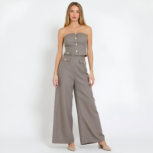 Strapless Button-Front Crop Top and Wide-Leg Pants Two-Piece Set
