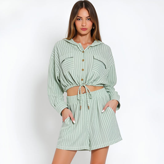 Striped Long Sleeve Hoodie Top and High Waisted Shorts Set