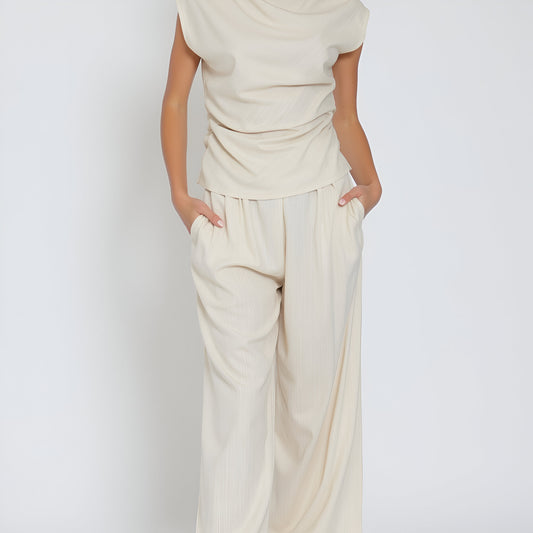 Draped Short Sleeve Top and Wide Leg Pants Lounge Set