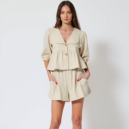 Peplum Button Front Top and High Waisted Shorts Set with Patch Pockets