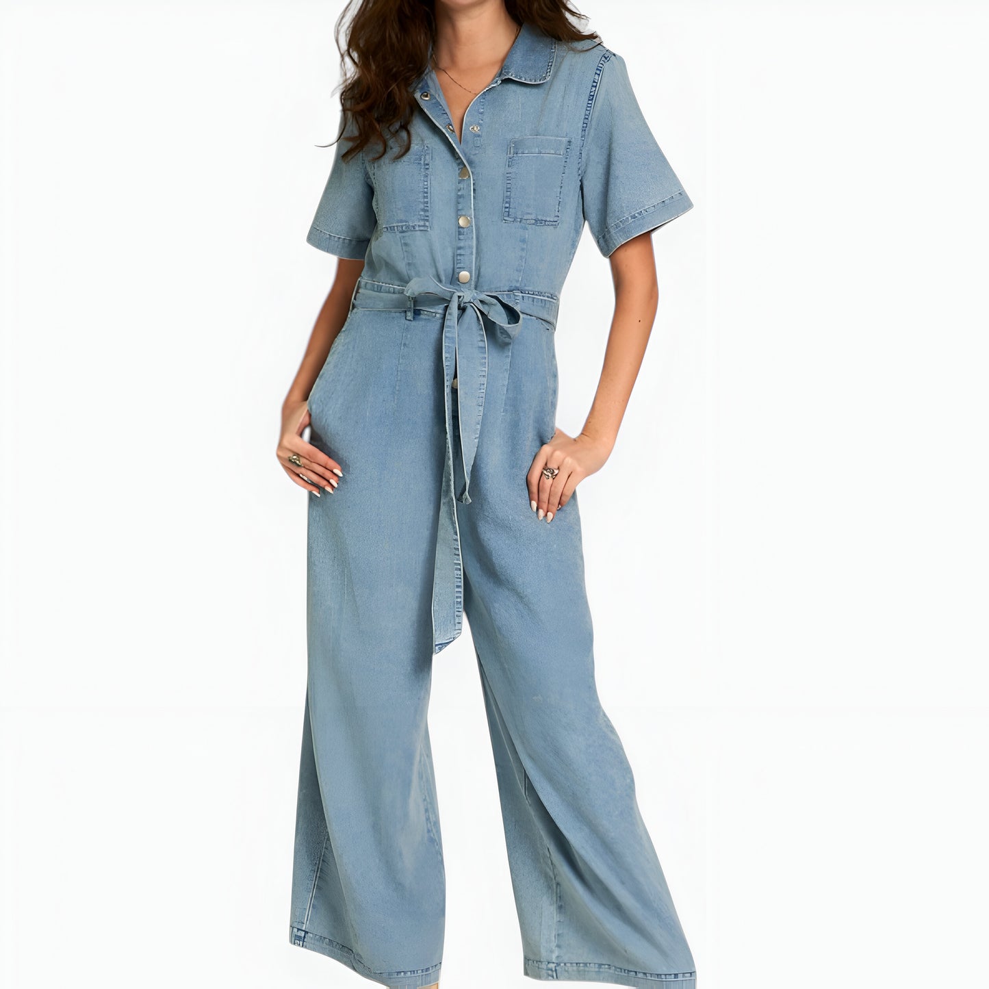 Denim Jumpsuit with Short Sleeves, Waist Tie Belt and Patch Pockets