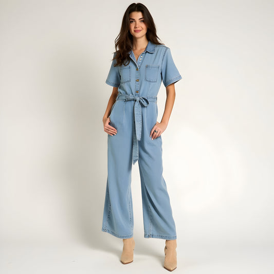 Denim Jumpsuit with Short Sleeves, Waist Tie Belt and Patch Pockets