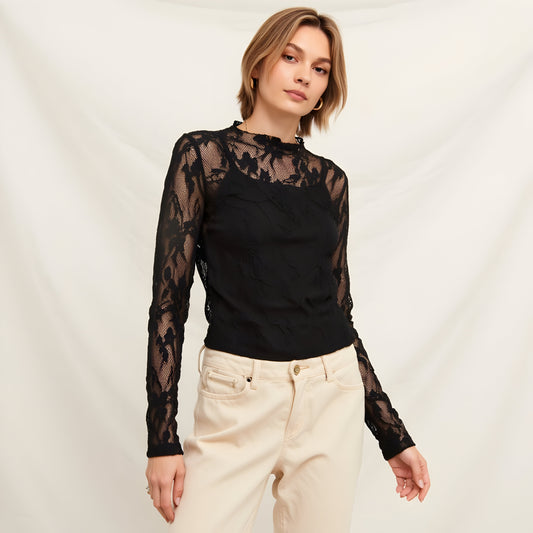 Sheer Lace Top with Long Sleeves, High Neckline and Scalloped Trim
