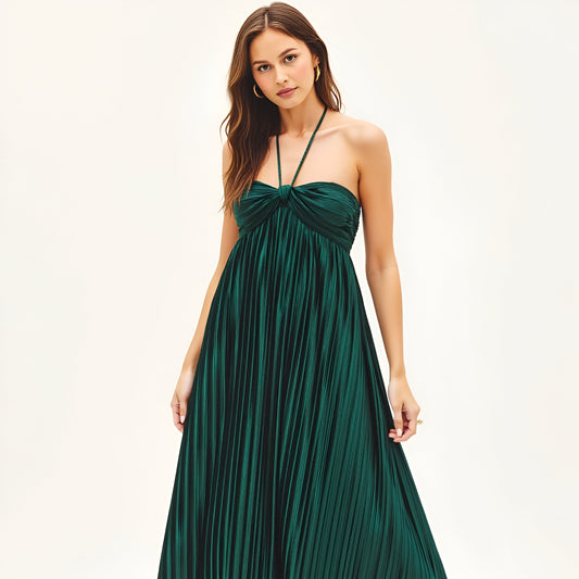 Pleated Halter Maxi Dress with Twist Front and Keyhole Detail