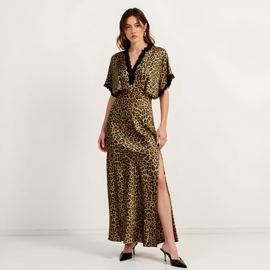 Leopard Print Maxi Dress with Lace Trim V-Neck, Relaxed Sleeves, and Side Slit Hem