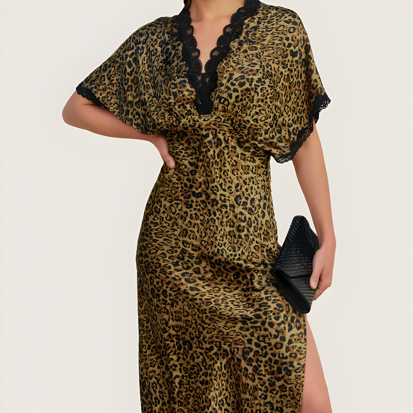 Leopard Print Maxi Dress with Lace Trim V-Neck, Relaxed Sleeves, and Side Slit Hem