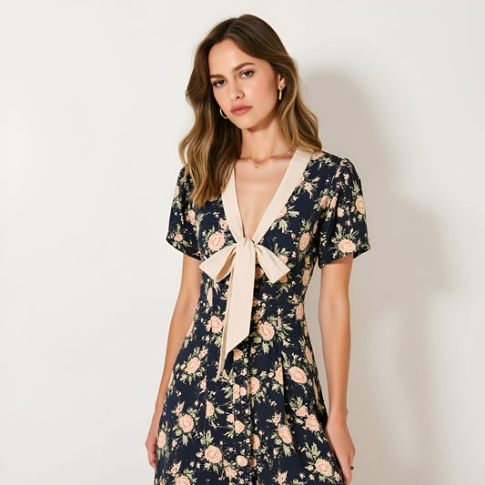 Floral Midi Dress with Contrast Bow Tie Neck and Front Button Detail