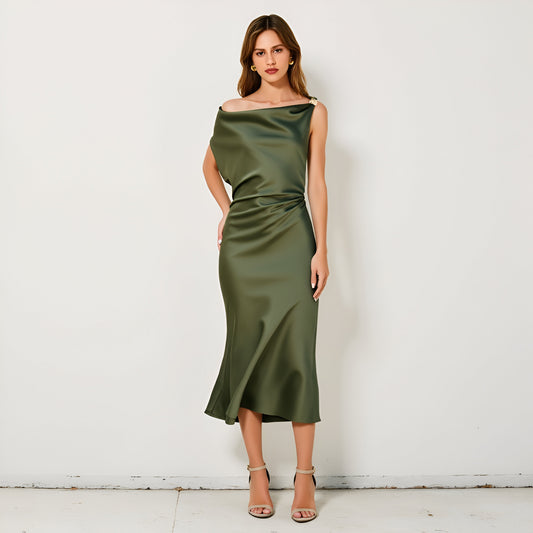 Asymmetric Draped Satin Midi Dress with Shoulder Strap Detail