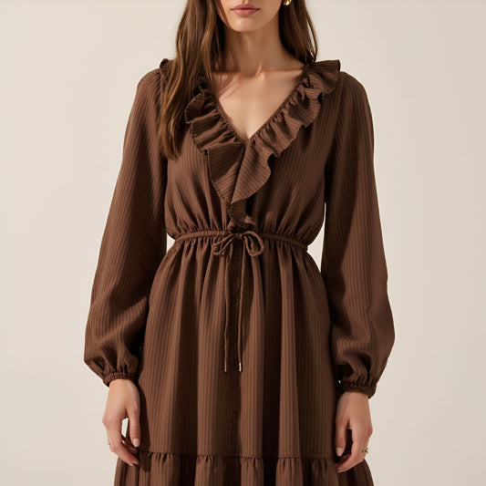 Textured Stripe Maxi Dress with V-Neck Flounce Ruffle, Bubble Sleeves and Side Slit