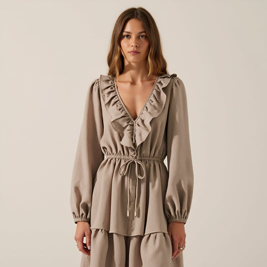 Textured Stripe Maxi Dress with V-Neck Flounce Ruffle, Bubble Sleeves and Side Slit