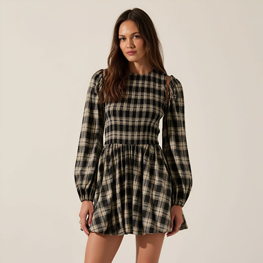 Plaid Bubble Hem Mini Dress with Smocked Bodice & Puff Sleeves