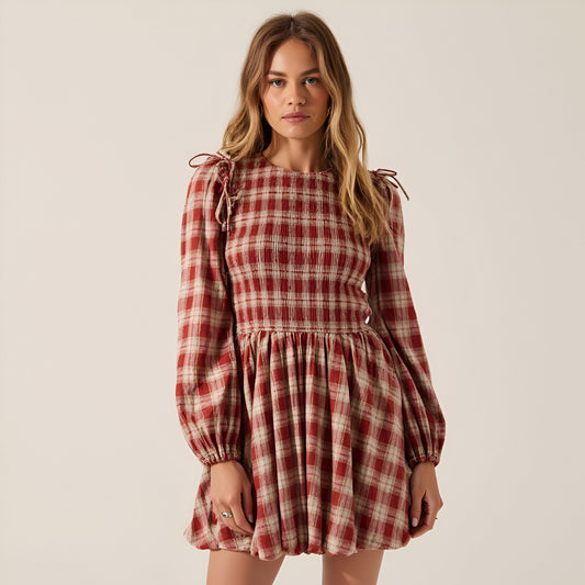 Plaid Bubble Hem Mini Dress with Smocked Bodice & Puff Sleeves