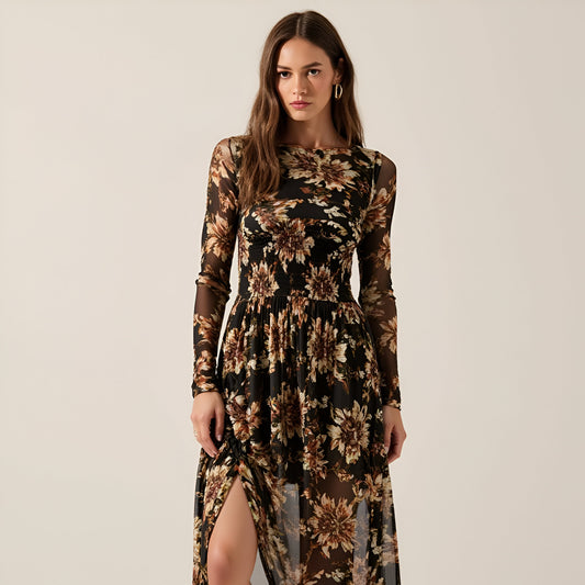 Floral Mesh Midi Dress with Contour Bodice, Smocked Waist and Gathered Skirt