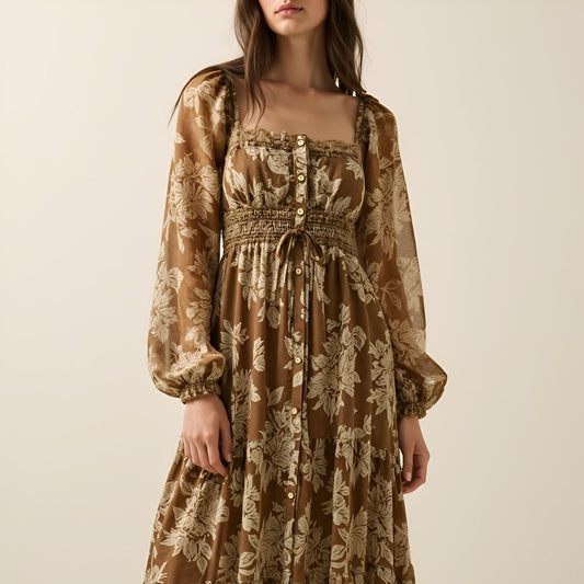 Floral Woven Maxi Dress with Lace Trim, Bubble Sleeves and Button Front
