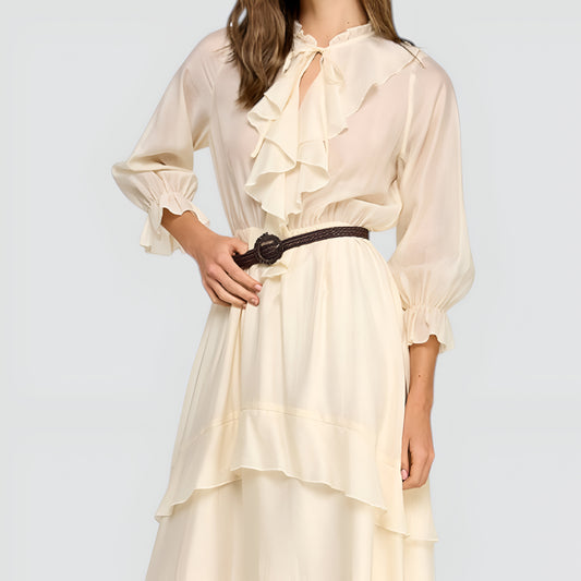 Long Sleeve Ruffle Front Midi Dress with Tiered Skirt and Belted Waist