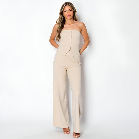 Strapless Button-Front Top and Wide-Leg Pants Set with Sleek Silhouette
