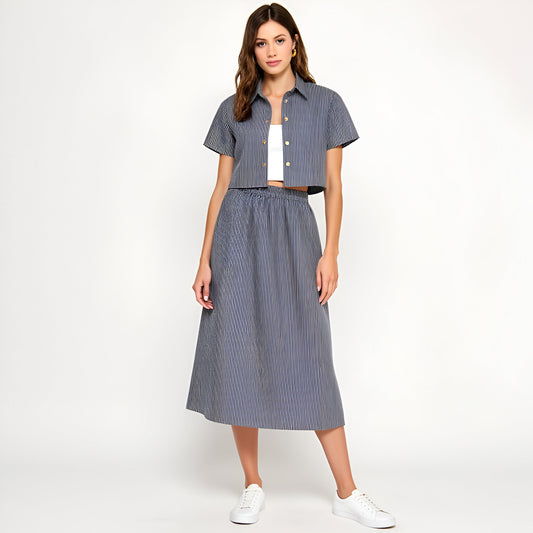 Striped Cropped Button-Up Shirt and Midi Skirt Set with Short Sleeves