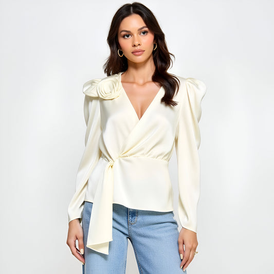 Long Sleeve Wrap Blouse with Puff Shoulder and Rosette Detail