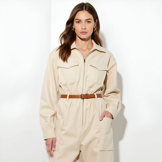 Wide-Leg Utility Jumpsuit with Zip Front, Chest Pockets, and Adjustable Belt