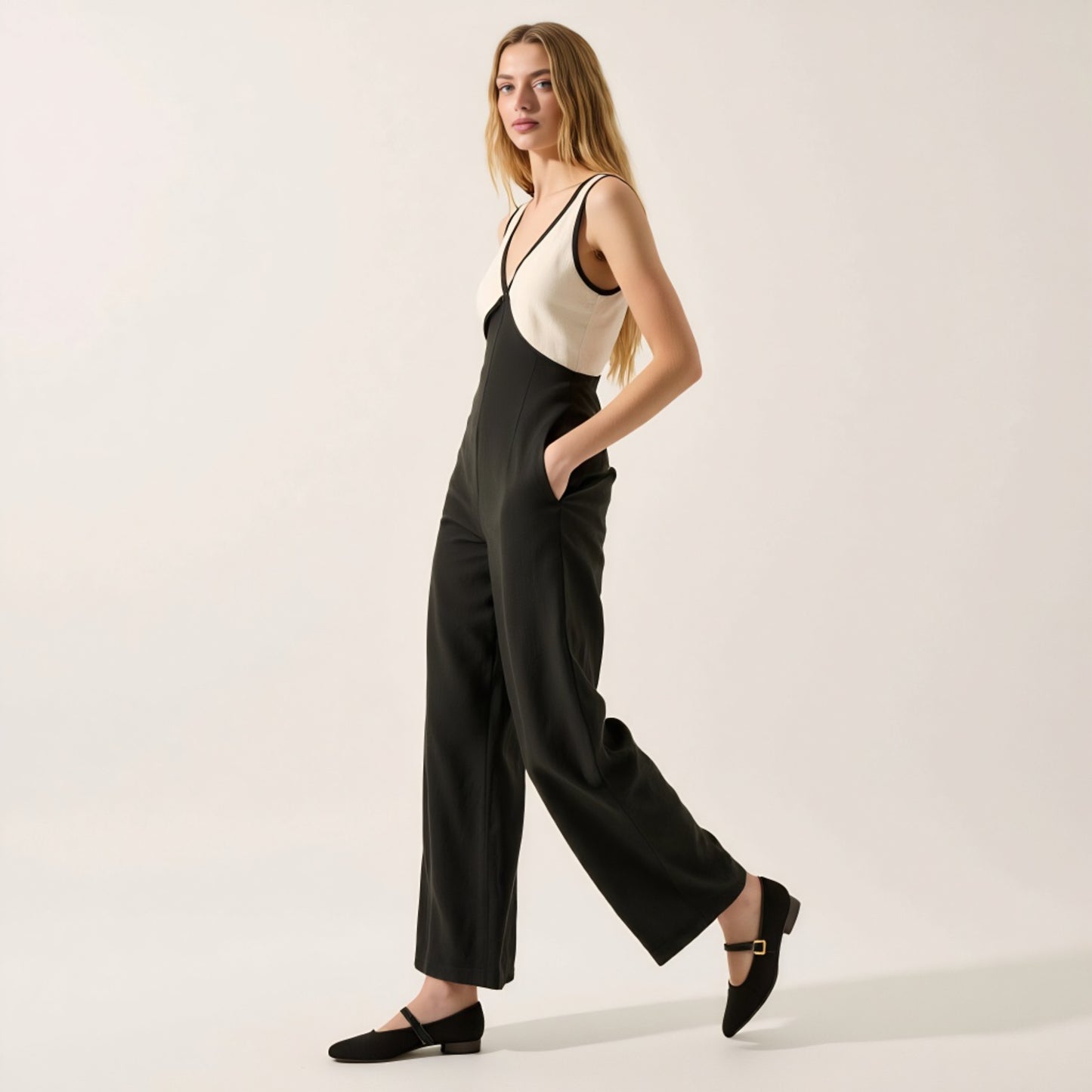 Sleeveless Two-Tone Wide Leg Jumpsuit with Deep V-Neckline