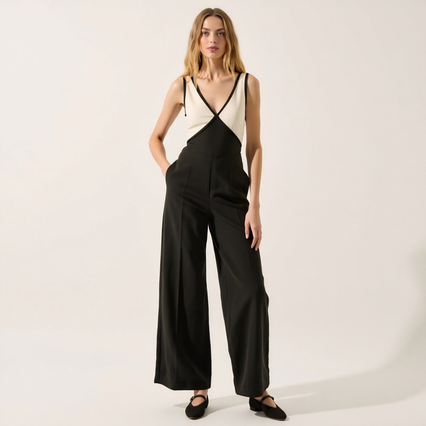 Sleeveless Two-Tone Wide Leg Jumpsuit with Deep V-Neckline