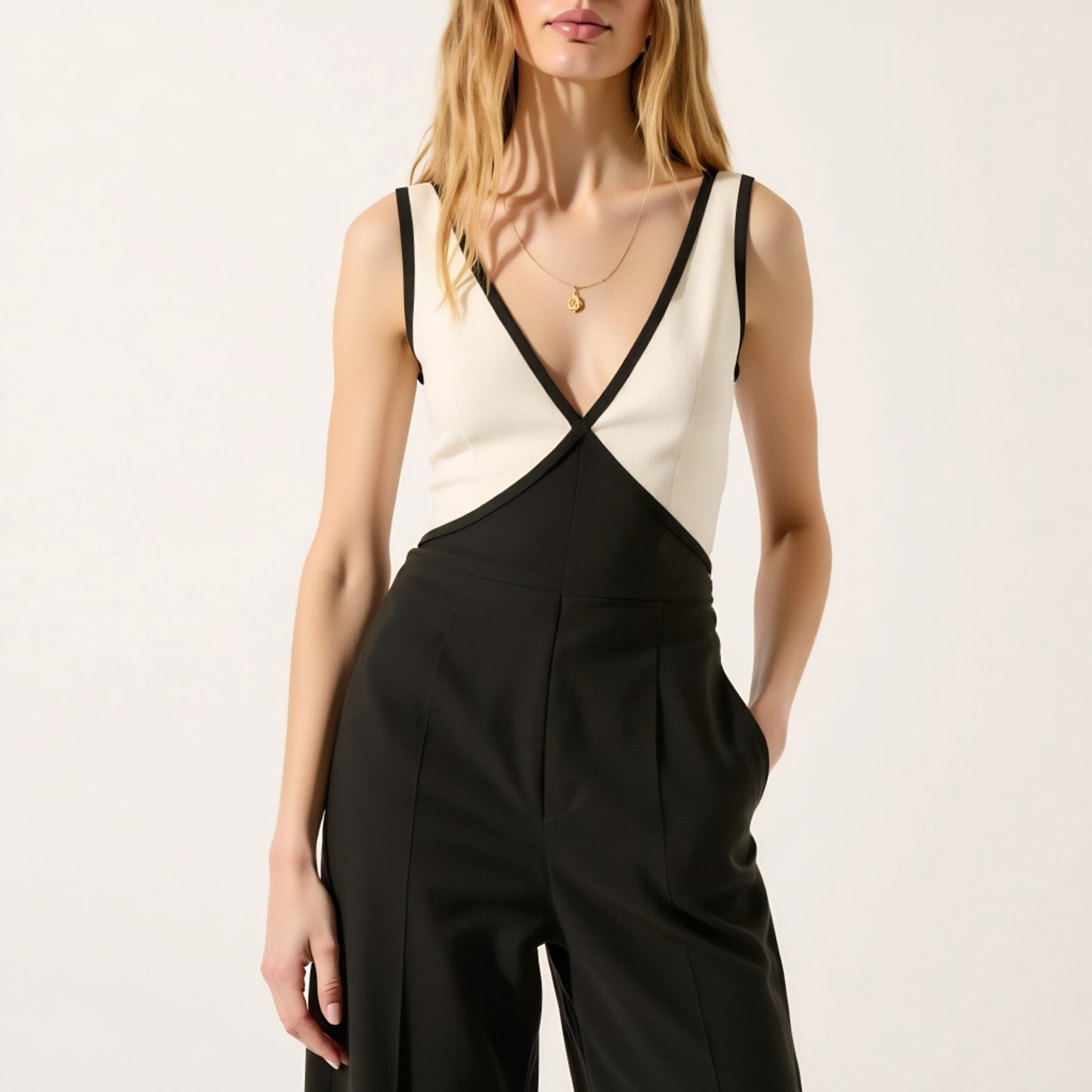 Sleeveless Two-Tone Wide Leg Jumpsuit with Deep V-Neckline