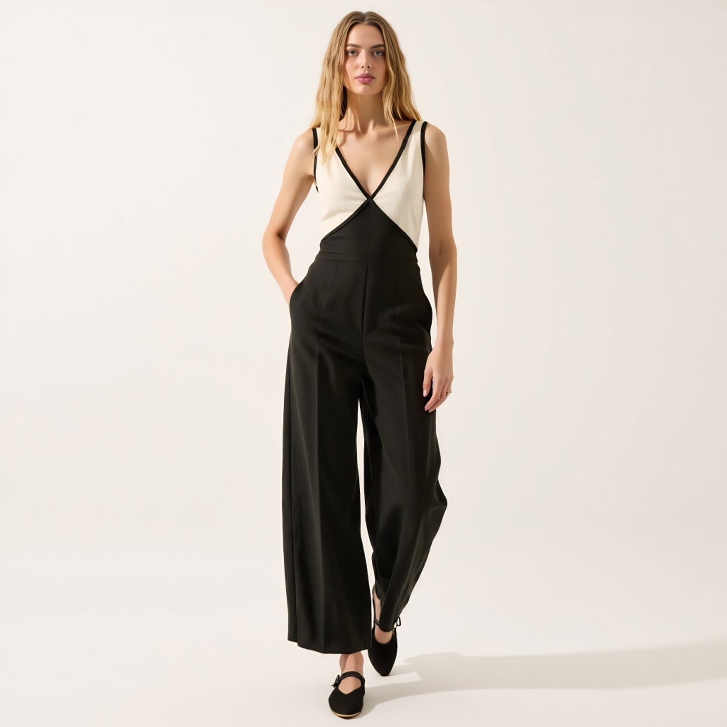 Sleeveless Two-Tone Wide Leg Jumpsuit with Deep V-Neckline