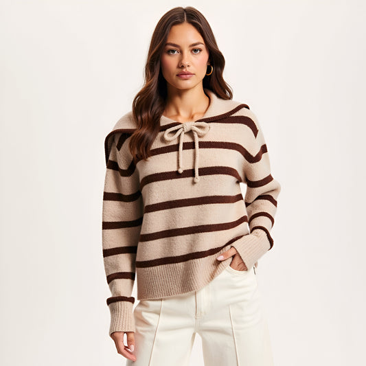 Striped Crewneck Sweater with Sailor Collar and Front Tie Detail