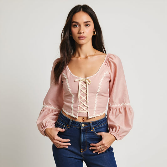 Puff Sleeve Lace-Up Crop Top with Embroidered Floral Trim