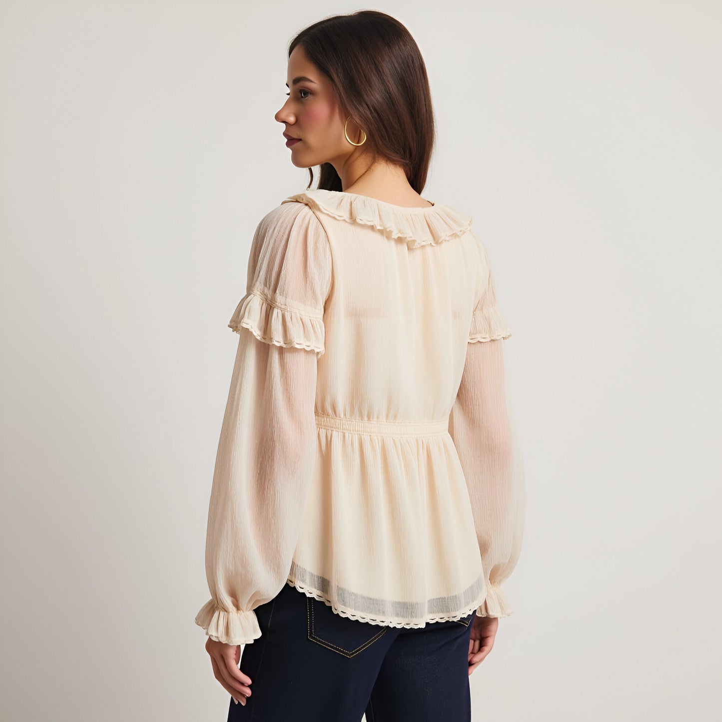 Ruffled Long Sleeve Blouse with Sheer Finish and Lace Trim