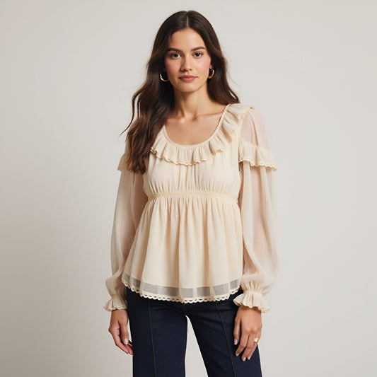 Ruffled Long Sleeve Blouse with Sheer Finish and Lace Trim