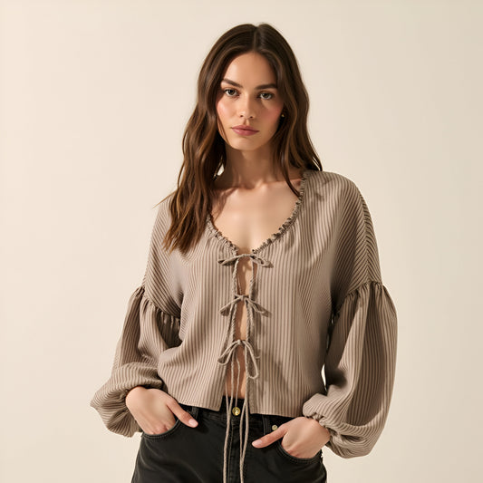 Ribbed Blouse with Ruffle Trim, Balloon Sleeves, and Front Tie Closure