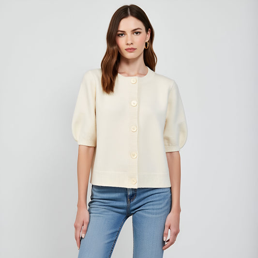 Cardigan Sweater with Oversized Buttons, Ribbed Trim and Puff Short Sleeves