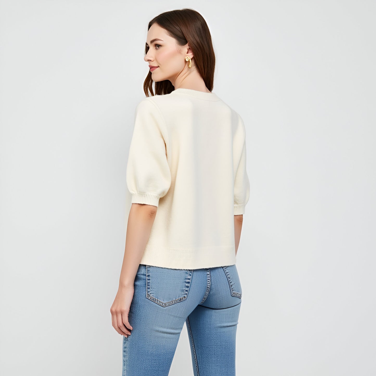 Cardigan Sweater with Oversized Buttons, Ribbed Trim and Puff Short Sleeves