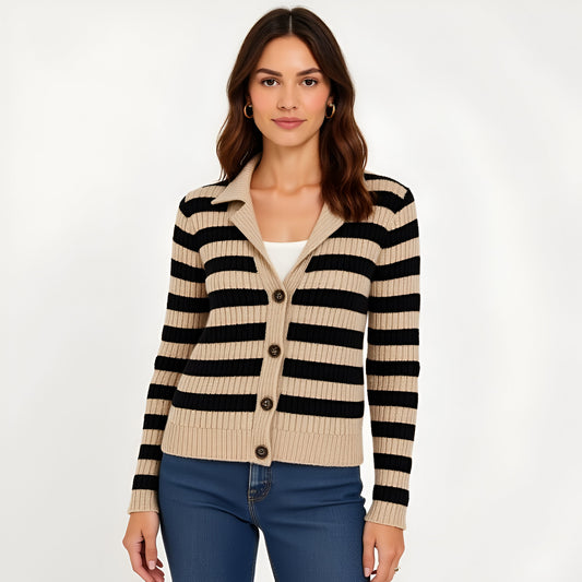 Ribbed Stripe Cardigan with Collared Neckline, Button Front and Long Sleeves