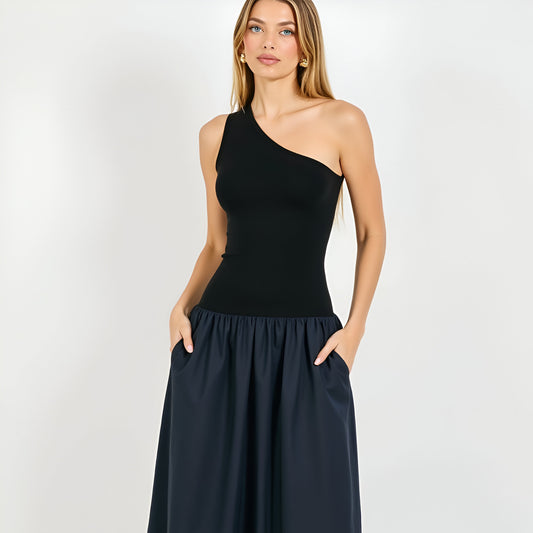 One-Shoulder Midi Dress with Fitted Bodice and Gathered Skirt