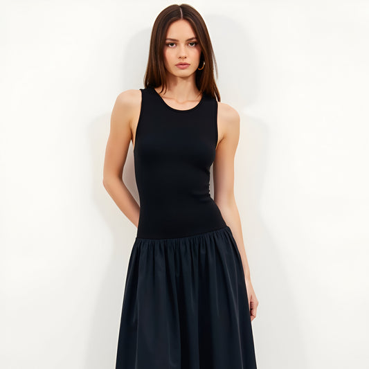 Sleeveless Mixed-Media Midi Dress with Fitted Bodice and Full Skirt