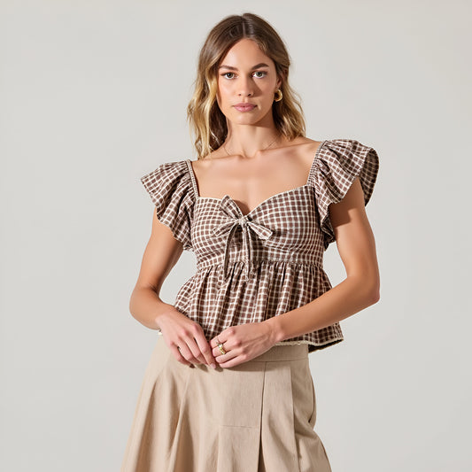 Gingham Peplum Top with Flutter Sleeves and Front Tie Detail